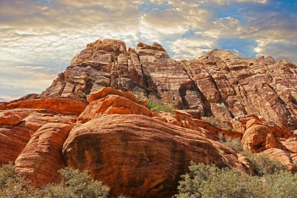 Capture of Red Rock Canyon's stunning geological formations during a serene sunset.